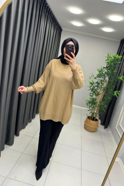 Soğuk İp Merserize Cizgili Tunik Camel
