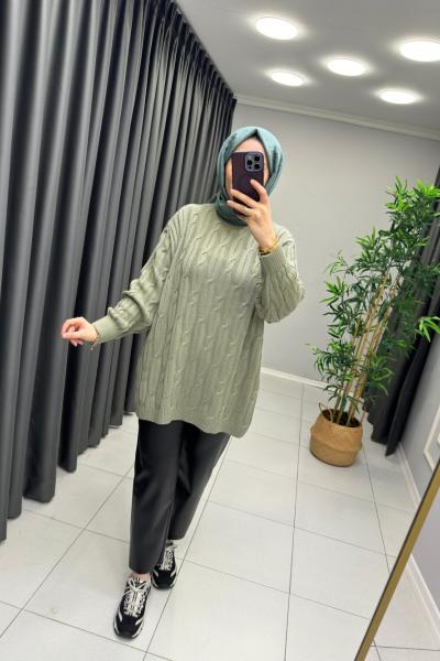 Örgü Detaylı Triko Kazak  Mint Yeşili