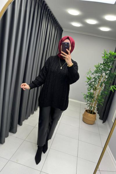 Örgü Detaylı Triko Kazak  Siyah