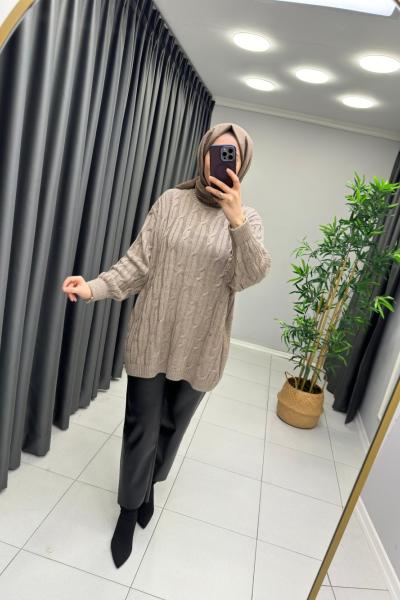 Örgü Detaylı Triko Kazak  Vizon