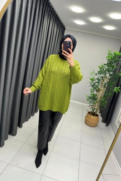 Örgü Detaylı Triko Kazak  Yağ Yeşili