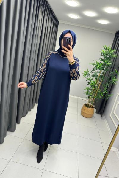 Leopar Desen Merserize Elbise  Lacivert