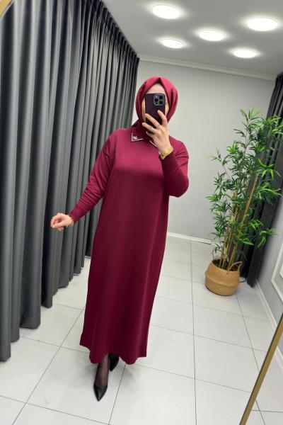 Yakası Taş Detaylı Merserize Elbise  Bordo