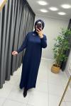 Yakası Taş Detaylı Merserize Elbise  Lacivert