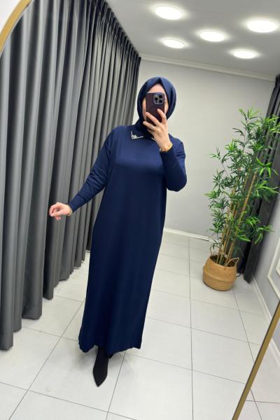 Yakası Taş Detaylı Merserize Elbise  Lacivert
