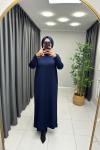 Yakası Taş Detaylı Merserize Elbise  Lacivert