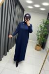 Yakası Taş Detaylı Merserize Elbise  Lacivert