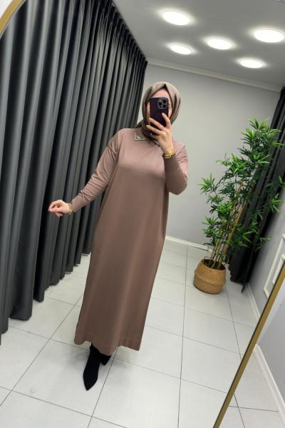 Yakası Taş Detaylı Merserize Elbise  Vizon