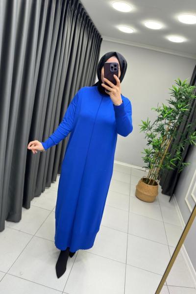 Önü Çizgi Detay Merserize Elbise  Saks Mavisi