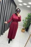 Önü Çizgi Detay Merserize Elbise  Bordo