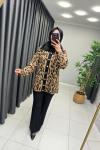 Yakası Kürklü Leopar Hırka  Camel