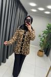 Yakası Kürklü Leopar Hırka  Camel