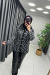 Yakası Kürklü Leopar Hırka  Gri Siyah