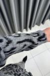 Yakası Kürklü Leopar Hırka  Gri Siyah