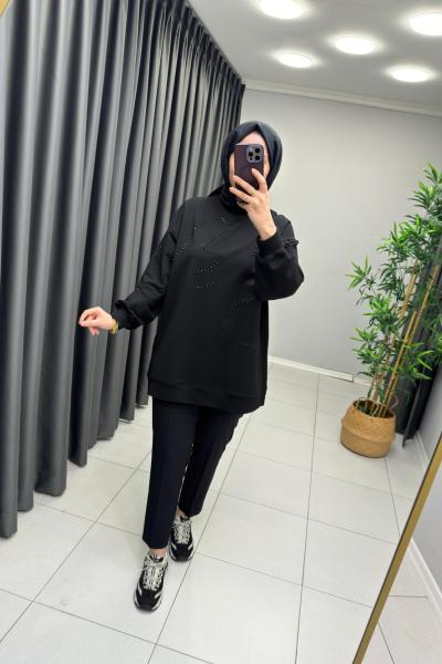 İKOLL TAŞ DETAYLI TUNİK  Siyah