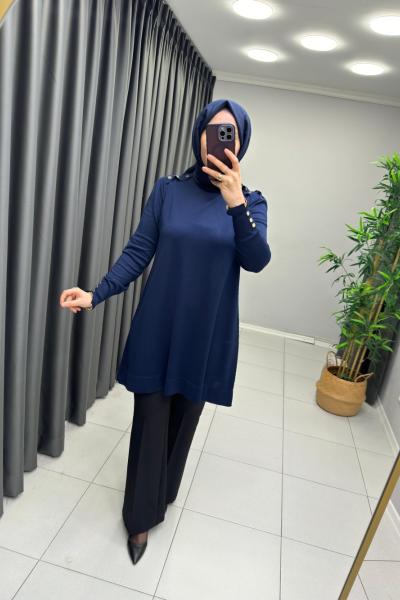 Omzu Patlı Merserize Tunik  Lacivert