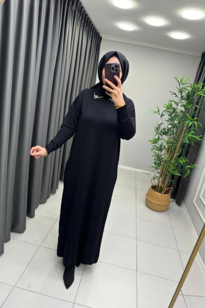 Yakası Taş Detaylı Merserize Elbise  Siyah