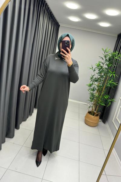 Yakası Taş Detaylı Merserize Elbise  Haki