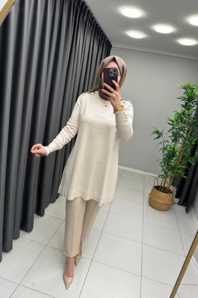Omzu Patlı Merserize Tunik  Krem