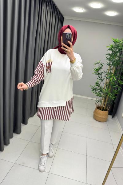 Popcorn Gömlek Detay Puane Sweat Bordo