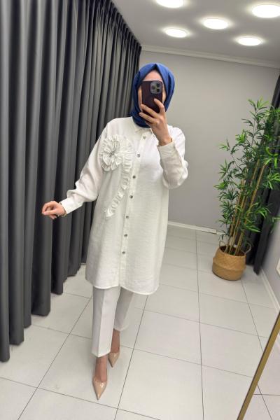 Gül Detaylı Tensel Gömlek  Beyaz