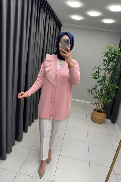 Fırfır Detaylı Merserize Hırka  Açık Pembe