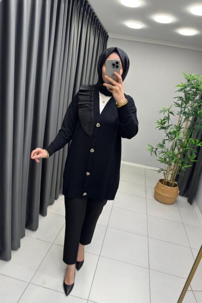 Fırfır Detaylı Merserize Hırka Siyah