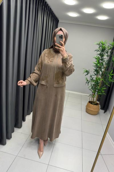 Alara İpek Qupra Ceketli  Elbise Vizon