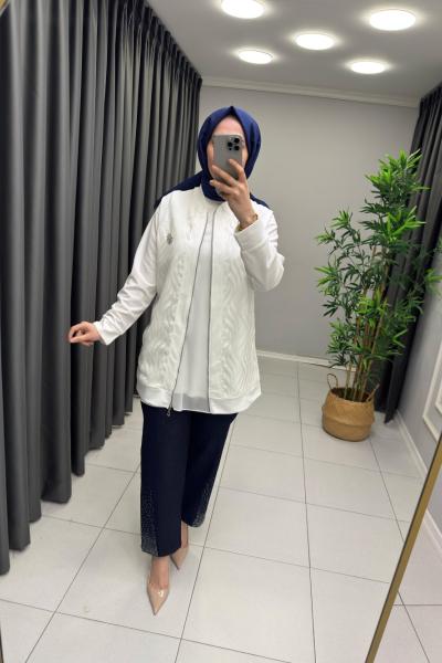 Krep Ceket Kotlu Takım Beyaz