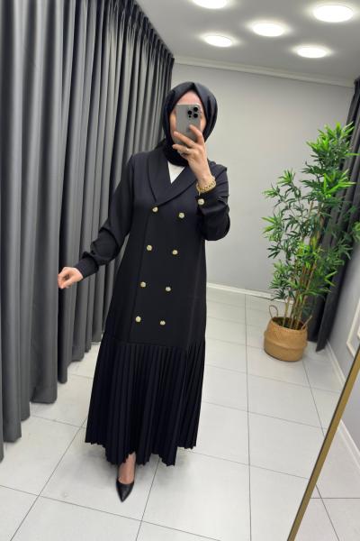 Etek Ucu Pileli Krep Elbise  Siyah