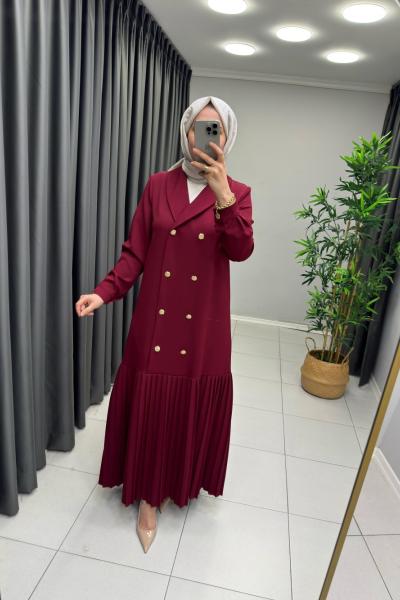 Etek Ucu Pileli Krep Elbise  Bordo