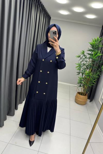 Etek Ucu Pileli Krep Elbise  Lacivert