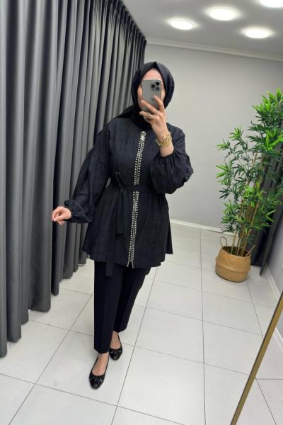 Taş Detaylı Kap Siyah