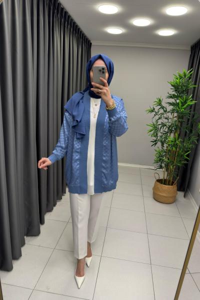 Jakar Saten Fırfır Detaylı Ceket  Mavi