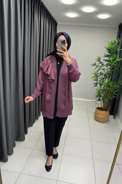 Jakar Saten Fırfır Detaylı Ceket  Mürdüm