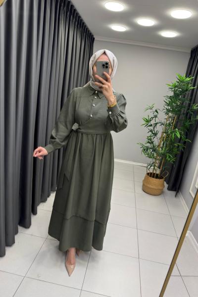 Bağlama Detaylı Taş Düğme Elbise Haki