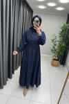 Bağlama Detaylı Taş Düğme Elbise Lacivert