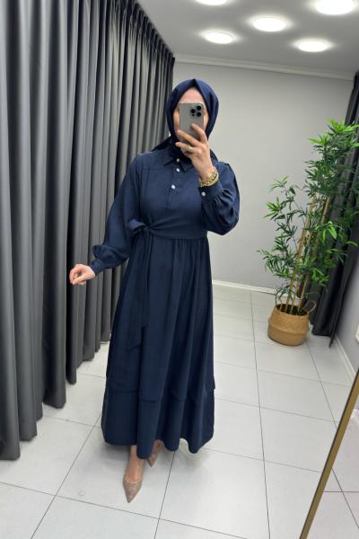 Bağlama Detaylı Taş Düğme Elbise Lacivert