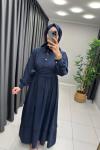 Bağlama Detaylı Taş Düğme Elbise Lacivert