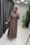 Bağlama Detaylı Taş Düğme Elbise Kahverengi