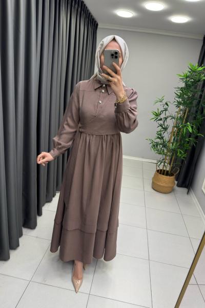 Bağlama Detaylı Taş Düğme Elbise Kahverengi