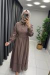 Bağlama Detaylı Taş Düğme Elbise Kahverengi
