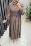 Bağlama Detaylı Taş Düğme Elbise Kahverengi
