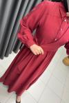 Bağlama Detaylı Taş Düğme Elbise Bordo