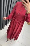 Bağlama Detaylı Taş Düğme Elbise Bordo