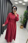 Bağlama Detaylı Taş Düğme Elbise Bordo