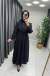 Bağlama Detaylı Taş Düğme Elbise Siyah