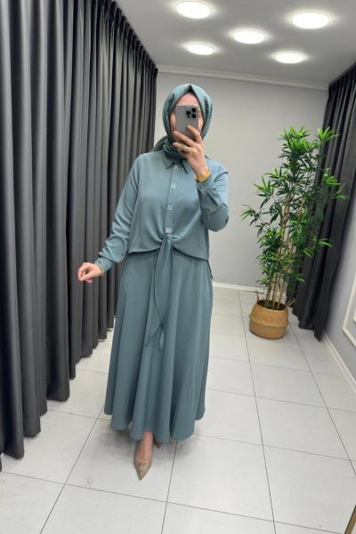 Marcha Taşlı Etekli Takım Mint Yeşili