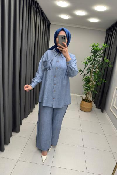 Marcha Çilek Keten Takım Gök Mavi