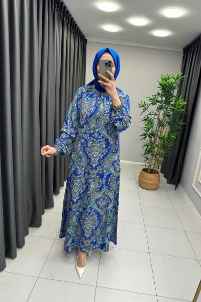 Zena Etnik Desen Elbise  Saks Mavisi